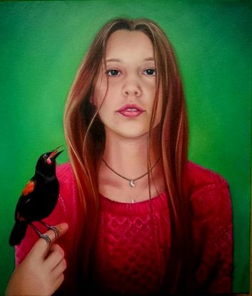 Entry to Clifton's Art Prize 2016 ​Ebony (my niece) with a rare native NZ bird, the Saddleback, is an imagined scenario where the girl oozes confidence having this bird land on her hand and the bird is also confident in it's safety with Ebony
